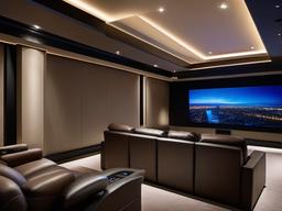 A media room designed with High Tech interior design features advanced audio-visual systems, comfortable seating, and sleek decor that enhance the cinematic experience in a contemporary setting.  