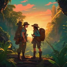Adventurous explorer and intrepid explorer buddy, wearing rugged outfits and holding torches, delving into the heart of a lost jungle temple in search of hidden treasures, as a matching pfp for friends. wide shot, cool anime color style
