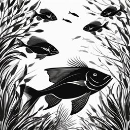 Fish Clip Art Black and White,Illustrating a monochrome marine life mural with fish clip art black and white  simple, 2d flat