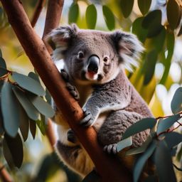 Cute Koala Resting in an Eucalyptus Canopy 8k, cinematic, vivid colors