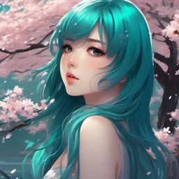 Girl with teal long hair in a serene haven with cherry blossoms.  close shot of face, face front facing, profile picture, anime style