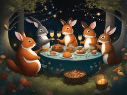 whimsical forest creatures hosting a grand feast in a moonlit glen. 