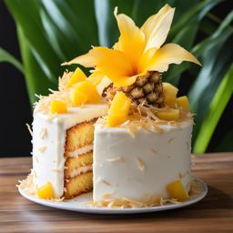 coconut pineapple cake with toasted coconut flakes, relished at a tropical luau. 