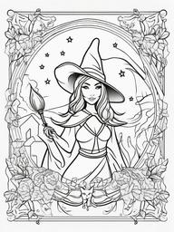 Witch Coloring Pages - Magical Spell-Casting Halloween Character  minimal black outline printable sheet, coloring page