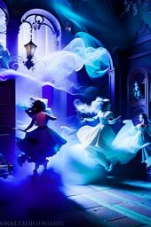 ghostly spirits vs poltergeist - spectral skirmish in a haunted mansion, objects flying in a chaotic dance. 