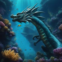 ocean dragon ruling the depths of a hidden underwater city, its scales resembling the colors of the deep sea. 