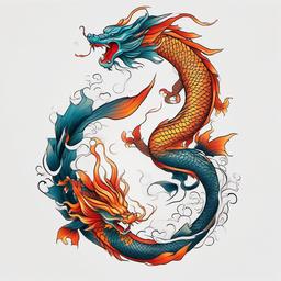 Dragon and Koi Fish Tattoo - Tattoos featuring both dragons and koi fish, symbolizing strength and perseverance.  simple color tattoo,minimalist,white background