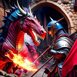saint george vs the dragon - a valiant knight confronts the fire-breathing dragon in a medieval village, brandishing his lance. 