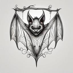 Hanging Bat Tattoo-Whimsical and playful depiction of a bat in a hanging pose in a tattoo.  simple color tattoo,white background