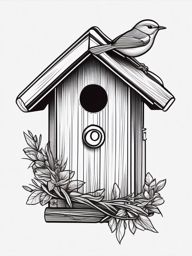 Wren Tattoo - Wren building a tiny nest inside a birdhouse  few color tattoo design, simple line art, design clean white background