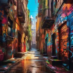 Wallpaper HD - Vibrant Graffiti Art in a City Alley  wallpaper style, intricate details, patterns, splash art, light colors