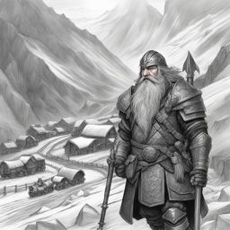 dwarven fighter,hargin swiftaxe,leading a caravan,through treacherous mountain passes pencil style