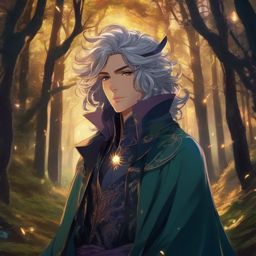 Sorcerer character in a mystical enchanted forest. , aesthetic anime, portrait, centered, head and hair visible, pfp