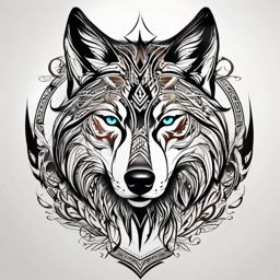 Tattoo Tribal Wolf,tribal masterpiece, where the wolf's spirit harmonizes with ancient symbols, story etched in ink. , color tattoo design, white clean background