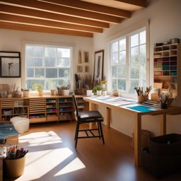 art studio with ample natural light and storage for creative supplies. 
