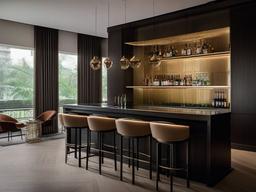 In the bar room, Bauhaus interior design includes a sleek bar counter, minimalist stools, and tasteful decor that create a chic environment for socializing and celebration.  