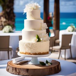 wedding coconut cake by the seaside: imagine a coconut-flavored wedding cake adorned with coconut shavings, placed on a seaside terrace with ocean waves in the background. 