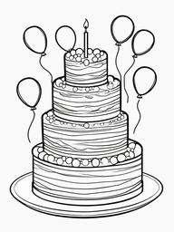 Birthday Cake with Balloons Floating Coloring Pages - Cake Surrounded by Flying Balloons  minimal black outline printable sheet, coloring page