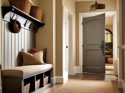 Country mudroom combines sturdy furniture, warm colors, and simple decorations to create a cozy atmosphere for welcoming guests into the home.  