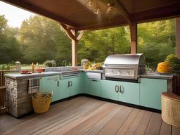 Vintage outdoor kitchen incorporates retro appliances, colorful accents, and nostalgic decor, creating a warm and inviting space for outdoor cooking.  