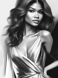 drawing of Zendaya in an elegant dress  minimal rough sketch scribbles,doodles,black and white