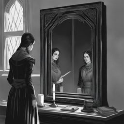 cursed mirror reflection - illustrate a character encountering their chilling reflection in a cursed mirror. 