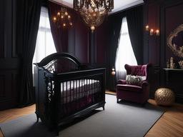 The nursery features Gothic interior design with rich colors, ornate furnishings, and whimsical decor that creates a magical and cozy space for the baby.  