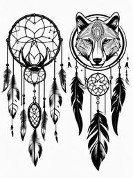 Animal Dream Catcher Tattoo - Tattoo combining a dream catcher with animal motifs.  simple vector tattoo,minimalist,white background