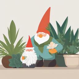 Plant clipart - flowering plant next to a garden gnome  color,minimalist,vector clipart