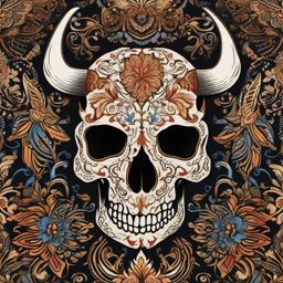 Ornamental longhorn skull tattoo: Decorative patterns, cultural richness.  simple color tattoo style