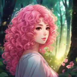 Girl with pink curly hair in a magical forest.  front facing, profile picture, anime style