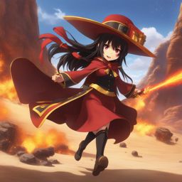 megumin - obliterates towering monsters in a desert oasis with her fiery explosions. 