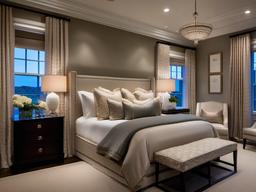 The master bedroom embraces traditional interior design with a luxurious bedspread, matching nightstands, and soft lighting that create a peaceful haven for sleep.  