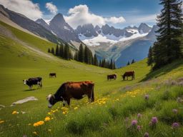 alpine meadow, surrounded by alpine flowers, grazing cows, and snow-capped peaks. 