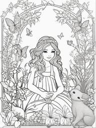 Fairy with Magical Garden Creatures Coloring Pages - Fairy Playing with Enchanted Garden Animals  minimal black outline printable sheet, coloring page