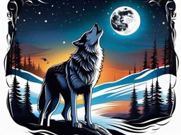 Howling Wolf Moon Tattoo,mesmerizing scene, wolf's haunting howl under the radiant moon, profound connection with the night sky. , color tattoo design, white clean background