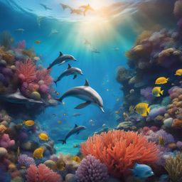 create an underwater masterpiece featuring a vibrant coral reef and playful dolphins. 