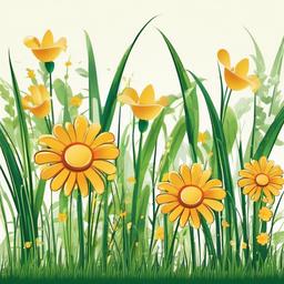 Grass clipart - cartoon grass with smiling flowers  color,minimalist,vector clipart