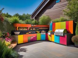 Candy Land outdoor kitchen features colorful cabinetry, whimsical decorations, and playful outdoor seating, creating a vibrant space for cooking and entertaining.  