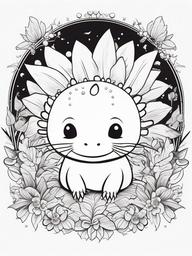 Axolotl Coloring Pages - Axolotl surrounded by cute little creatures  simple coloring pages