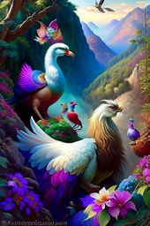 simurgh, the benevolent avian, nurturing her mythical chicks in a hidden valley. 