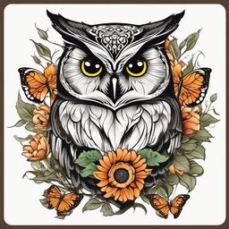 Owl and Butterfly Tattoo - Blend nature's beauty with an owl and butterfly-themed tattoo.  simple color tattoo,vector style,white background