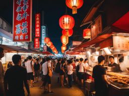 taiwanese night market - fried chicken, stinky tofu, and bubble tea in a bustling atmosphere. 