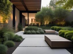 Bauhaus garden features geometric stone pathways, functional seating, and minimalist planters, blending natural elements with sleek, modern design.  