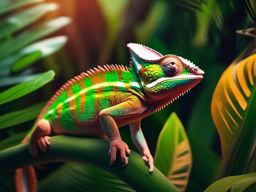 Cute Chameleon Blending with Surroundings in a Hidden Oasis 8k, cinematic, vivid colors