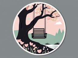 Tree with Swing in Spring Sticker - Tree with a swing in a springtime setting, ,vector color sticker art,minimal