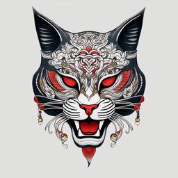 japanese cat mask tattoo  simple color tattoo,white background,minimal