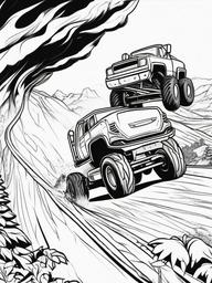 Monster Truck Crushing Obstacle Course Coloring Pages - Trucks Destroying Barrier Challenges  minimal black outline printable sheet, coloring page