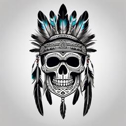 Aztec Skull With Feathers Tattoo  minimal,color tattoo,white background