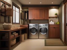 Asian Fusion laundry room blends practical design with decorative elements inspired by various Asian cultures for a tranquil space.  